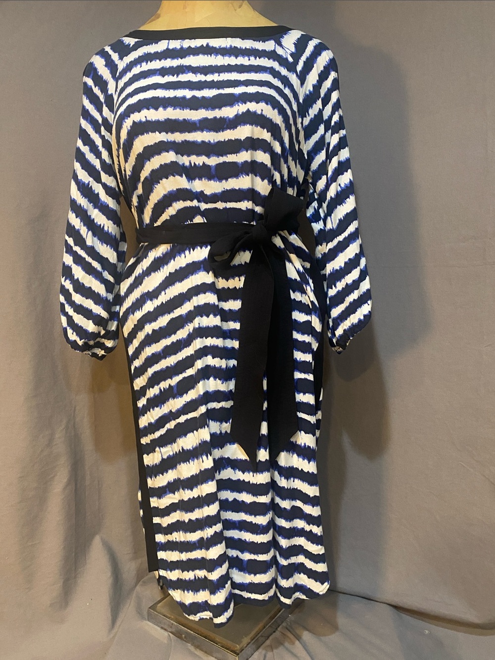 Daisy Fuentes Blue, Black & White Striped Belted Women’s Dress.